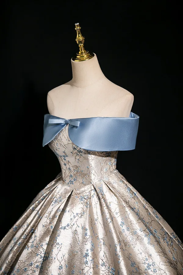 Fashion Sky Blue Printing Satin Prom Dresses 2024 Ball Gown Off-The-Shoulder Bow Short Sleeve Backless Floor-Length / Long Prom Formal Dresses