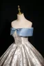 Fashion Sky Blue Printing Satin Prom Dresses 2024 Ball Gown Off-The-Shoulder Bow Short Sleeve Backless Floor-Length / Long Prom Formal Dresses