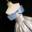 Fashion Sky Blue Printing Satin Prom Dresses 2024 Ball Gown Off-The-Shoulder Bow Short Sleeve Backless Floor-Length / Long Prom Formal Dresses