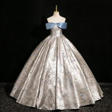 Mode Bleu Ciel Impression Satin Robe De Bal 2024 Robe Boule De L Épaule Noeud Manches Courtes Dos Nu Longue Promo Robe De Ceremonie