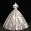 Fashion Sky Blue Printing Satin Prom Dresses 2024 Ball Gown Off-The-Shoulder Bow Short Sleeve Backless Floor-Length / Long Prom Formal Dresses