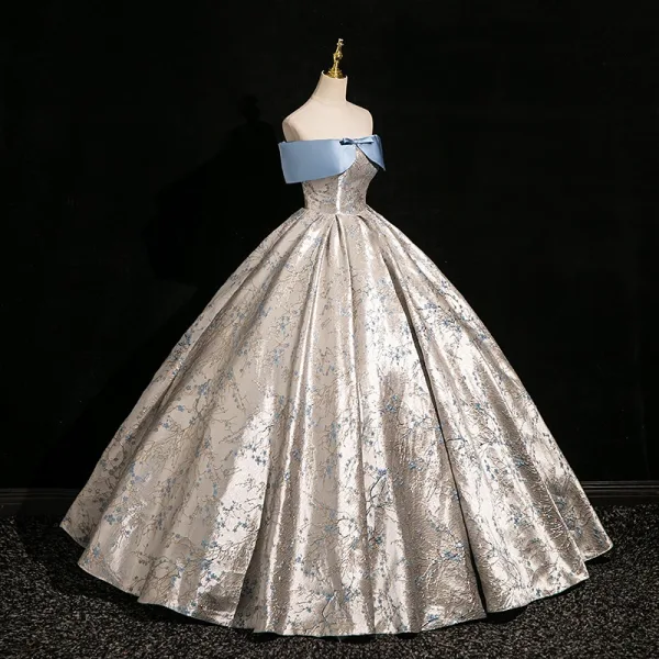 Fashion Sky Blue Printing Satin Prom Dresses 2024 Ball Gown Off-The-Shoulder Bow Short Sleeve Backless Floor-Length / Long Prom Formal Dresses