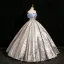 Fashion Sky Blue Printing Satin Prom Dresses 2024 Ball Gown Off-The-Shoulder Bow Short Sleeve Backless Floor-Length / Long Prom Formal Dresses