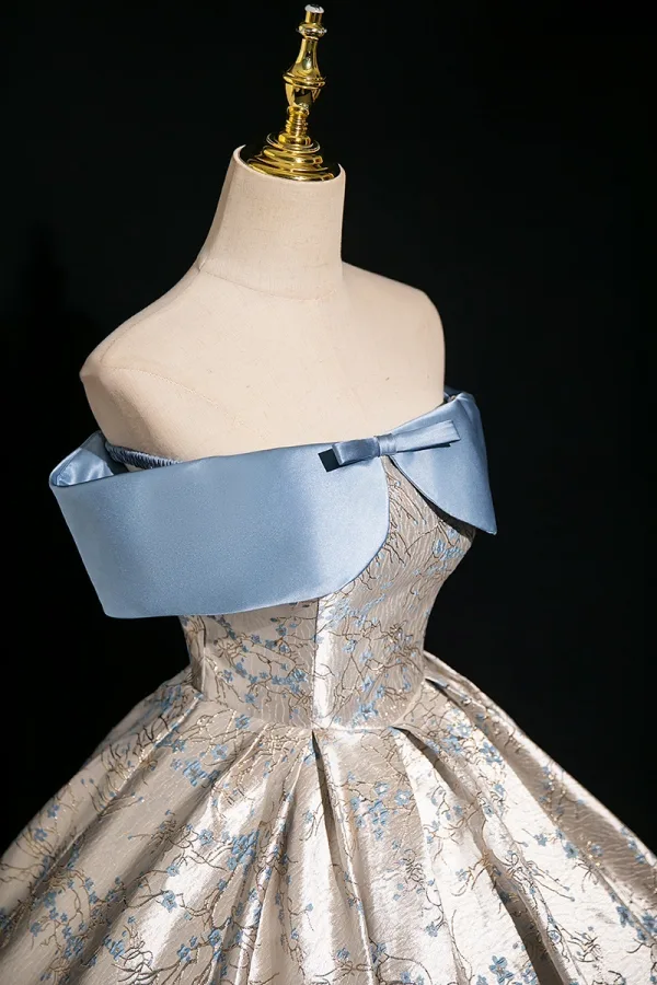 Fashion Sky Blue Printing Satin Prom Dresses 2024 Ball Gown Off-The-Shoulder Bow Short Sleeve Backless Floor-Length / Long Prom Formal Dresses