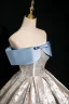 Fashion Sky Blue Printing Satin Prom Dresses 2024 Ball Gown Off-The-Shoulder Bow Short Sleeve Backless Floor-Length / Long Prom Formal Dresses