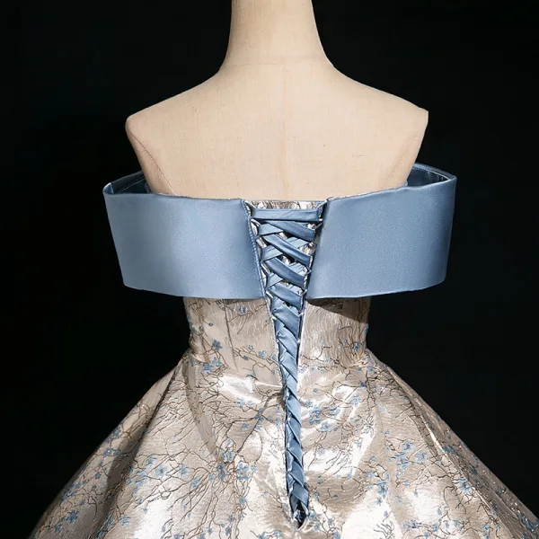 Fashion Sky Blue Printing Satin Prom Dresses 2024 Ball Gown Off-The-Shoulder Bow Short Sleeve Backless Floor-Length / Long Prom Formal Dresses