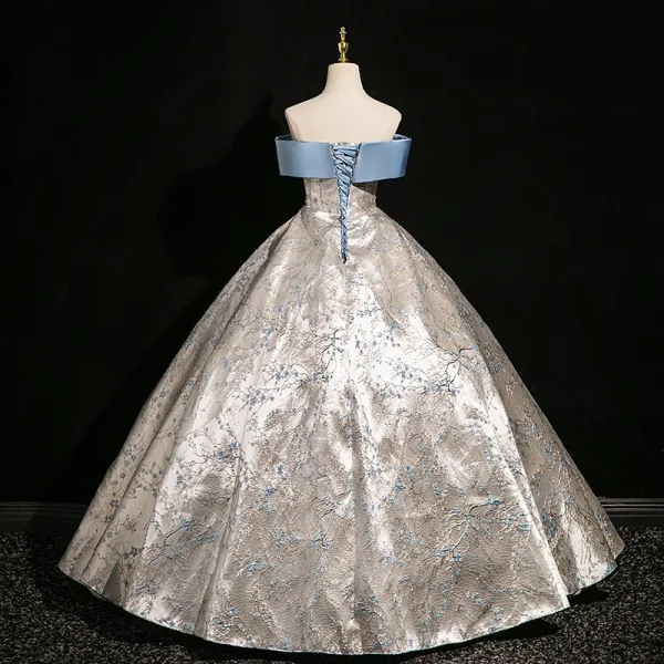 Fashion Sky Blue Printing Satin Prom Dresses 2024 Ball Gown Off-The-Shoulder Bow Short Sleeve Backless Floor-Length / Long Prom Formal Dresses
