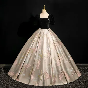 Élégant Noire Impression Satin Robe De Bal 2024 Robe Boule Encolure Carrée Manches Courtes Dos Nu Longue Promo Robe De Ceremonie