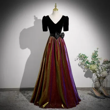Elegant Black Sequins Prom Dresses 2023 A Line Princess V Neck Short Sleeve Bow Backless Floor Length Long Prom Formal Dresses