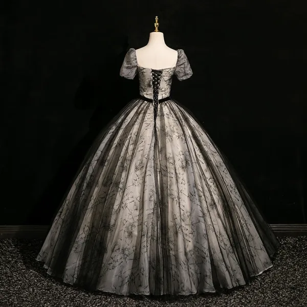 Vintage / Retro Black Ball Gown Prom Dresses 2024 Square Neckline Short Sleeve Backless Floor-Length / Long Prom Formal Dresses