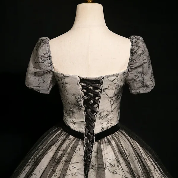 Vintage / Retro Black Ball Gown Prom Dresses 2024 Square Neckline Short Sleeve Backless Floor-Length / Long Prom Formal Dresses
