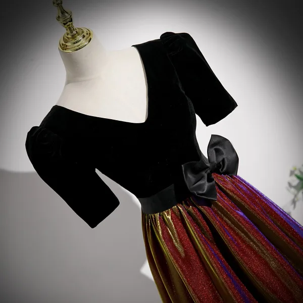 Elegante Schwarz Pailletten Ballkleider 2023 A Linie V-Ausschnitt Kurze Ärmel Schleife Rückenfreies Lange Ball Festliche Kleider