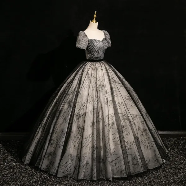Vintage / Retro Black Ball Gown Prom Dresses 2024 Square Neckline Short Sleeve Backless Floor-Length / Long Prom Formal Dresses