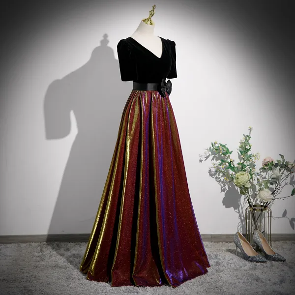 Elegante Schwarz Pailletten Ballkleider 2023 A Linie V-Ausschnitt Kurze Ärmel Schleife Rückenfreies Lange Ball Festliche Kleider