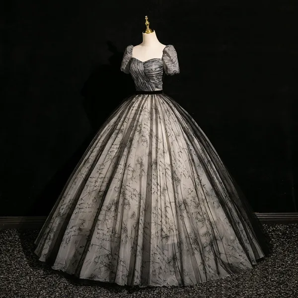 Vintage / Retro Black Ball Gown Prom Dresses 2024 Square Neckline Short Sleeve Backless Floor-Length / Long Prom Formal Dresses