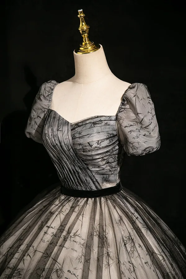 Vintage / Retro Black Ball Gown Prom Dresses 2024 Square Neckline Short Sleeve Backless Floor-Length / Long Prom Formal Dresses