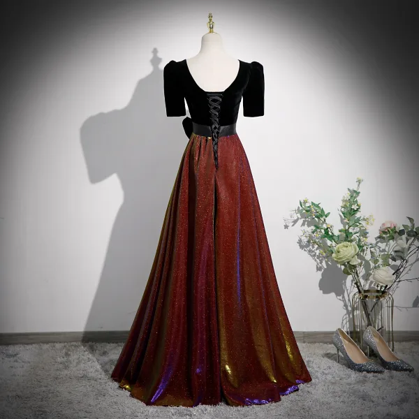 Elegante Schwarz Pailletten Ballkleider 2023 A Linie V-Ausschnitt Kurze Ärmel Schleife Rückenfreies Lange Ball Festliche Kleider