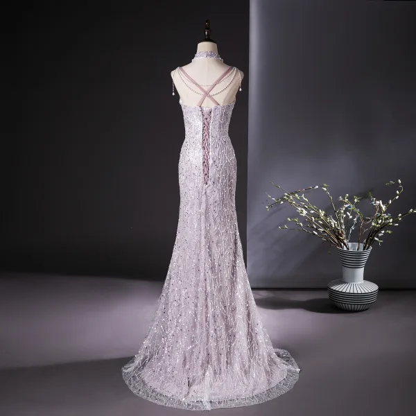 Charmant Rougissant Rose Perlage Perle Paillettes Volants en Cascade Fendue devant Robe De Bal 2024 Trompette / Sirène Col Haut Sans Manches Dos Nu Train De Balayage Promo Robe De Ceremonie