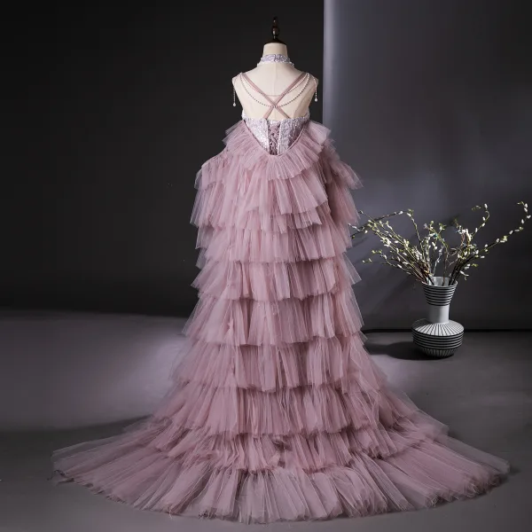 Charmant Rougissant Rose Perlage Perle Paillettes Volants en Cascade Fendue devant Robe De Bal 2024 Trompette / Sirène Col Haut Sans Manches Dos Nu Train De Balayage Promo Robe De Ceremonie