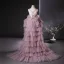 Charmant Rougissant Rose Perlage Perle Paillettes Volants en Cascade Fendue devant Robe De Bal 2024 Trompette / Sirène Col Haut Sans Manches Dos Nu Train De Balayage Promo Robe De Ceremonie