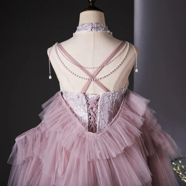 Charmant Rougissant Rose Perlage Perle Paillettes Volants en Cascade Fendue devant Robe De Bal 2024 Trompette / Sirène Col Haut Sans Manches Dos Nu Train De Balayage Promo Robe De Ceremonie