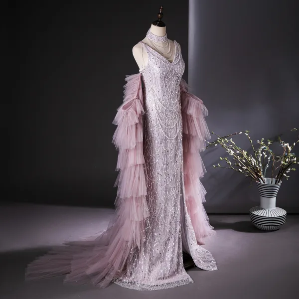 Charmant Rougissant Rose Perlage Perle Paillettes Volants en Cascade Fendue devant Robe De Bal 2024 Trompette / Sirène Col Haut Sans Manches Dos Nu Train De Balayage Promo Robe De Ceremonie