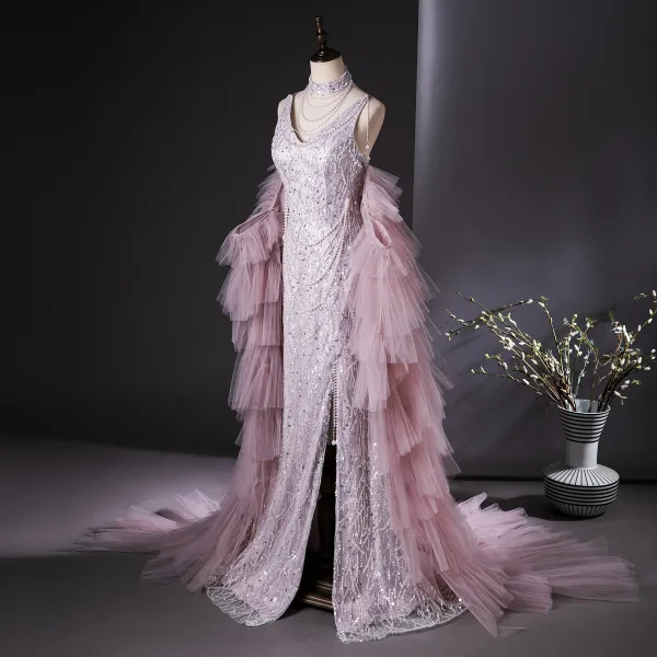 Charmant Rougissant Rose Perlage Perle Paillettes Volants en Cascade Fendue devant Robe De Bal 2024 Trompette / Sirène Col Haut Sans Manches Dos Nu Train De Balayage Promo Robe De Ceremonie