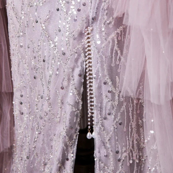 Charmant Rougissant Rose Perlage Perle Paillettes Volants en Cascade Fendue devant Robe De Bal 2024 Trompette / Sirène Col Haut Sans Manches Dos Nu Train De Balayage Promo Robe De Ceremonie
