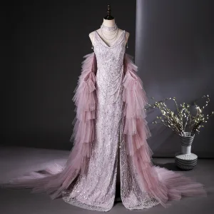 Charmant Rougissant Rose Perlage Perle Paillettes Volants En Cascade Fendue Devant Robe De Bal 2024 Trompette Sirène Col Haut Sans Manches Dos Nu Train De Balayage Promo Robe De Ceremonie