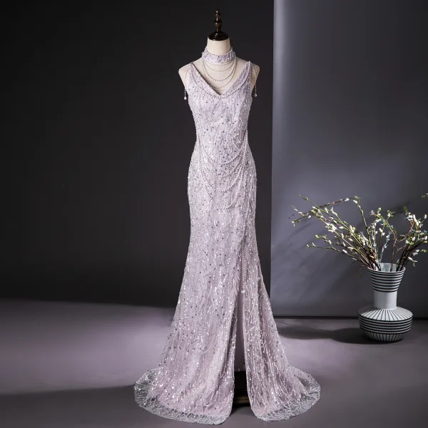 Charmant Rougissant Rose Perlage Perle Paillettes Volants en Cascade Fendue devant Robe De Bal 2024 Trompette / Sirène Col Haut Sans Manches Dos Nu Train De Balayage Promo Robe De Ceremonie