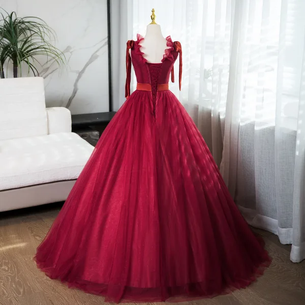 Chic / Beautiful Burgundy Prom Dresses 2024 Ball Gown V-Neck Sleeveless Backless Floor-Length / Long Prom Formal Dresses