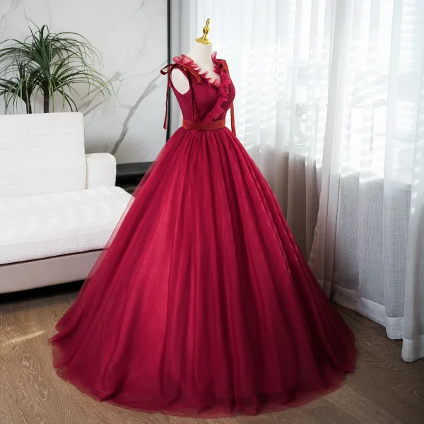 Chic / Beautiful Burgundy Prom Dresses 2024 Ball Gown V-Neck Sleeveless Backless Floor-Length / Long Prom Formal Dresses