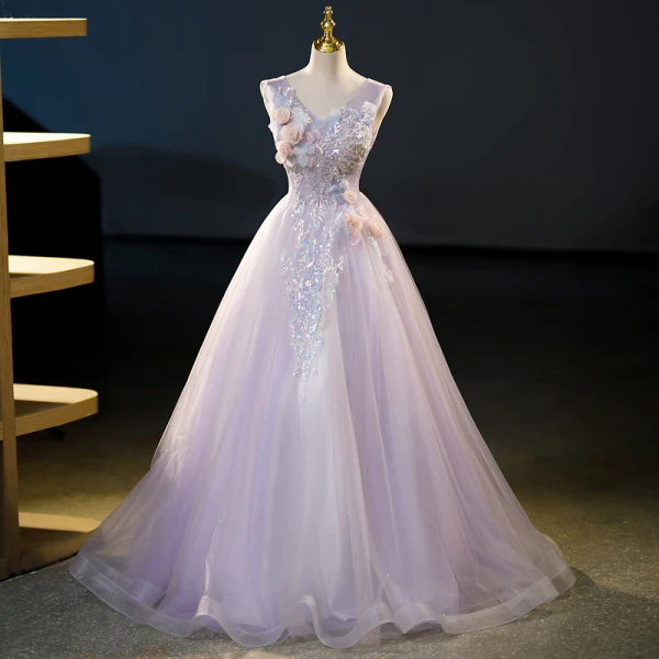 Chic / Beautiful Lavender Beading Sequins Appliques Prom Dresses 2023 Ball Gown V-Neck Sleeveless Backless Floor-Length / Long Prom Formal Dresses
