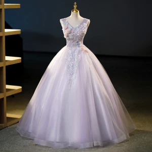 Chic Belle Lavande Perlage Paillettes Appliques Robe De Bal 2023 Robe Boule V Cou Sans Manches Dos Nu Longue Promo Robe De Ceremonie