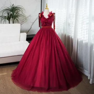Chic Belle Bordeaux Robe De Bal 2024 Robe Boule V Cou Sans Manches Dos Nu Longue Promo Robe De Ceremonie