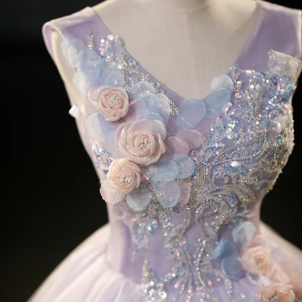 Chic / Beautiful Lavender Beading Sequins Appliques Prom Dresses 2023 Ball Gown V-Neck Sleeveless Backless Floor-Length / Long Prom Formal Dresses
