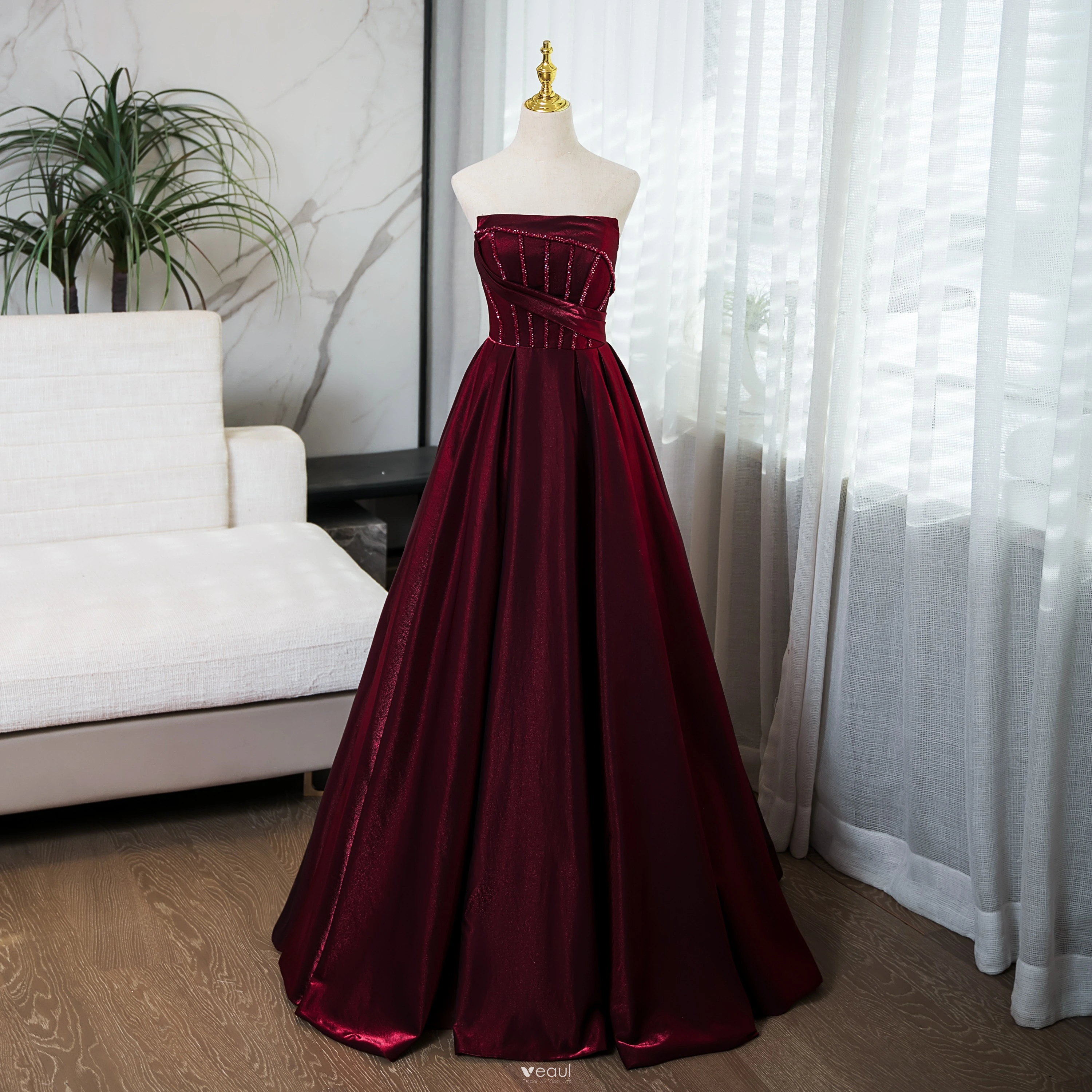 burgundy prom dress ball gown Chic Burgundy Prom Dresses Long Mermaid Modest Cheap Long Prom Dress W –  SELINADRESS main image 1