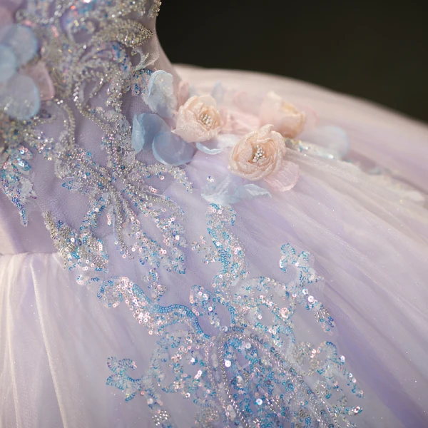 Chic / Beautiful Lavender Beading Sequins Appliques Prom Dresses 2023 Ball Gown V-Neck Sleeveless Backless Floor-Length / Long Prom Formal Dresses
