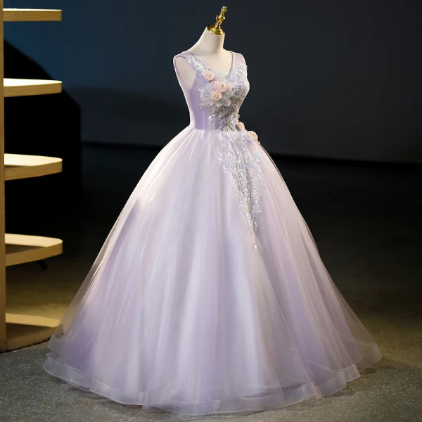 Chic / Beautiful Lavender Beading Sequins Appliques Prom Dresses 2023 Ball Gown V-Neck Sleeveless Backless Floor-Length / Long Prom Formal Dresses