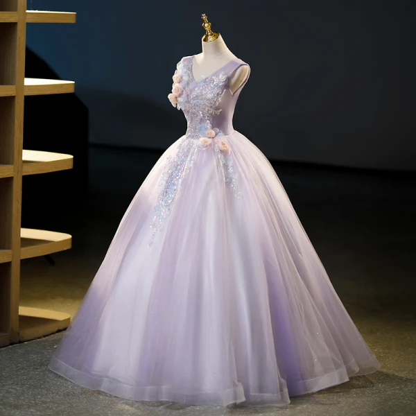 Chic / Beautiful Lavender Beading Sequins Appliques Prom Dresses 2023 Ball Gown V-Neck Sleeveless Backless Floor-Length / Long Prom Formal Dresses