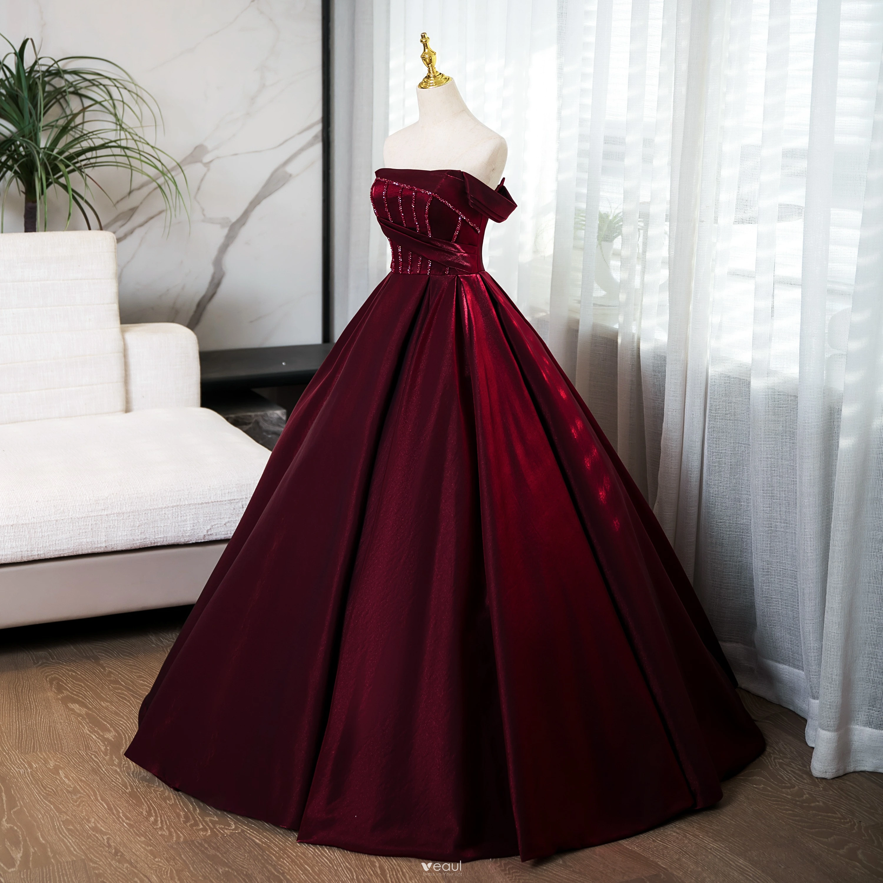 burgundy and silver prom dresses Burgundy Chiffon Beaded Halter Long Mermaid Evening Prom Dresses, Chea –  MarryLover main image 0