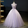 Chic / Beautiful Lavender Beading Sequins Appliques Prom Dresses 2023 Ball Gown V-Neck Sleeveless Backless Floor-Length / Long Prom Formal Dresses