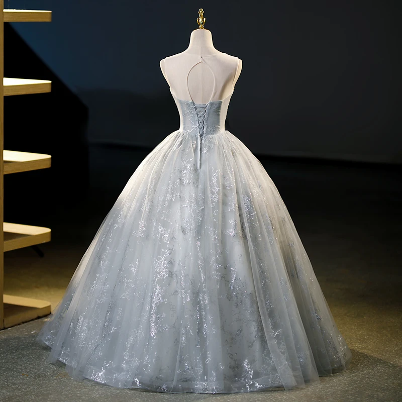 Elegant Grey Glitter Beading Rhinestone Pearl 3d Lace Prom Dresses 2023  Ball Gown Scoop Neck Sleeveless Backless Floor Length Long Prom
