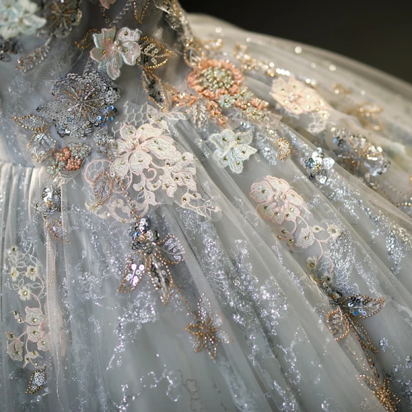 Elegant Grey Glitter Beading Rhinestone Pearl 3D Lace Prom Dresses 2023 Ball Gown Scoop Neck Sleeveless Backless Floor-Length / Long Prom