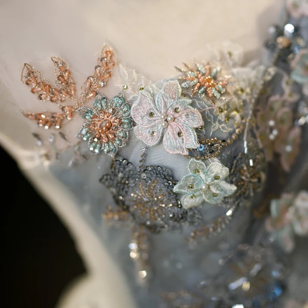 Elegant Grey Glitter Beading Rhinestone Pearl 3D Lace Prom Dresses 2023 Ball Gown Scoop Neck Sleeveless Backless Floor-Length / Long Prom