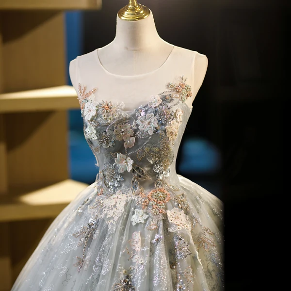 Elegant Grey Glitter Beading Rhinestone Pearl 3D Lace Prom Dresses 2023 Ball Gown Scoop Neck Sleeveless Backless Floor-Length / Long Prom