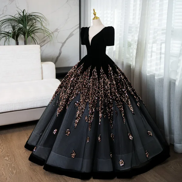 Elegant Black Sequins Prom Dresses 2024 Ball Gown V-Neck Short Sleeve Backless Floor-Length / Long Prom Formal Dresses