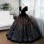 Elegant Black Sequins Prom Dresses 2024 Ball Gown V-Neck Short Sleeve Backless Floor-Length / Long Prom Formal Dresses