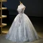 Elegant Grey Glitter Beading Rhinestone Pearl 3D Lace Prom Dresses 2023 Ball Gown Scoop Neck Sleeveless Backless Floor-Length / Long Prom