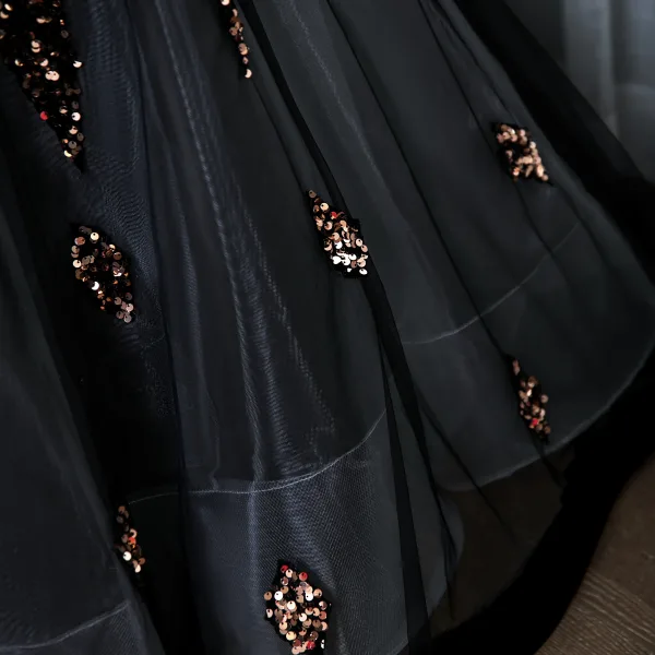 Elegant Black Sequins Prom Dresses 2024 Ball Gown V-Neck Short Sleeve Backless Floor-Length / Long Prom Formal Dresses